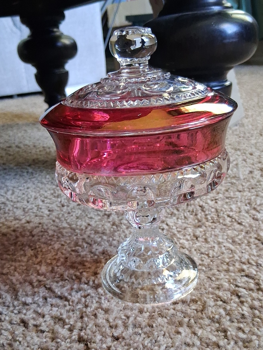 Indiana Glass- Elegant Ruby-Tinted Glass Candy Dish with Lid Mint Cond.